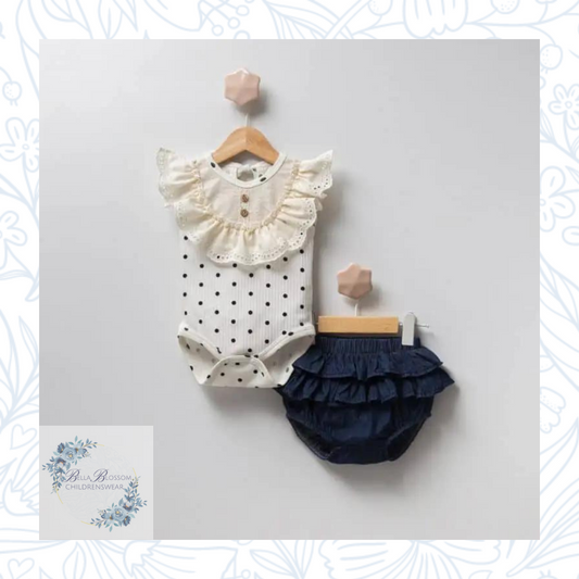 Baby Girls Two Piece Frilly Spanish Polka Dot Romper & Denim Panties Sets