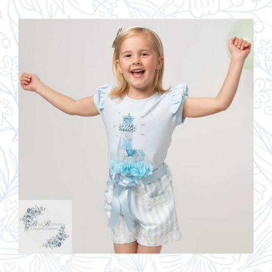 Caramelo blue diamante striped shorts set