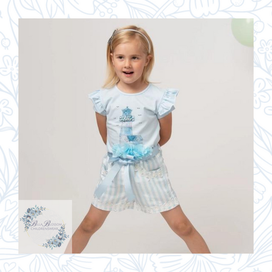 Caramelo blue diamante striped shorts set