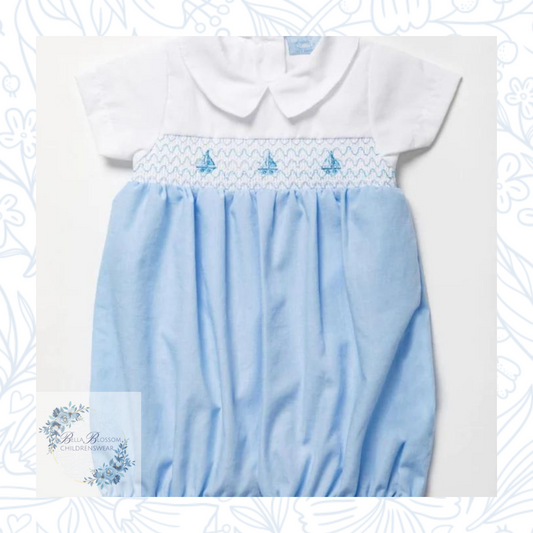 Blue & White Smocked Sailboat Romper