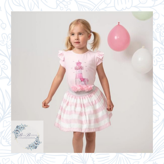 Caramelo pink diamante striped skirt set