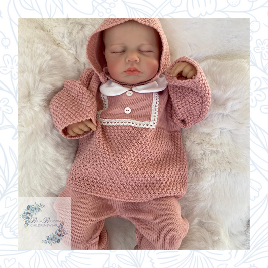 Pink Knitted 3 Piece Bonnet Set