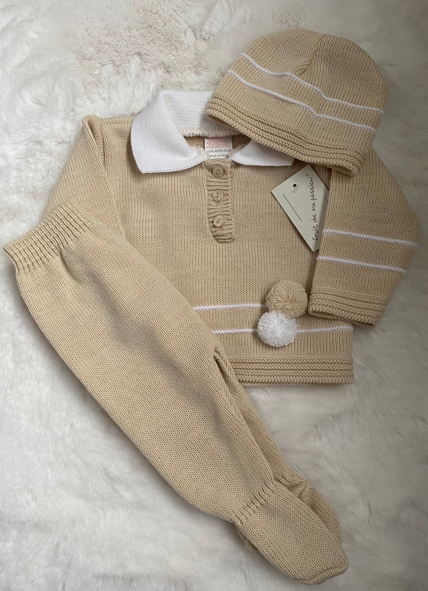 Beige Knitted 3 Piece Bonnet Set