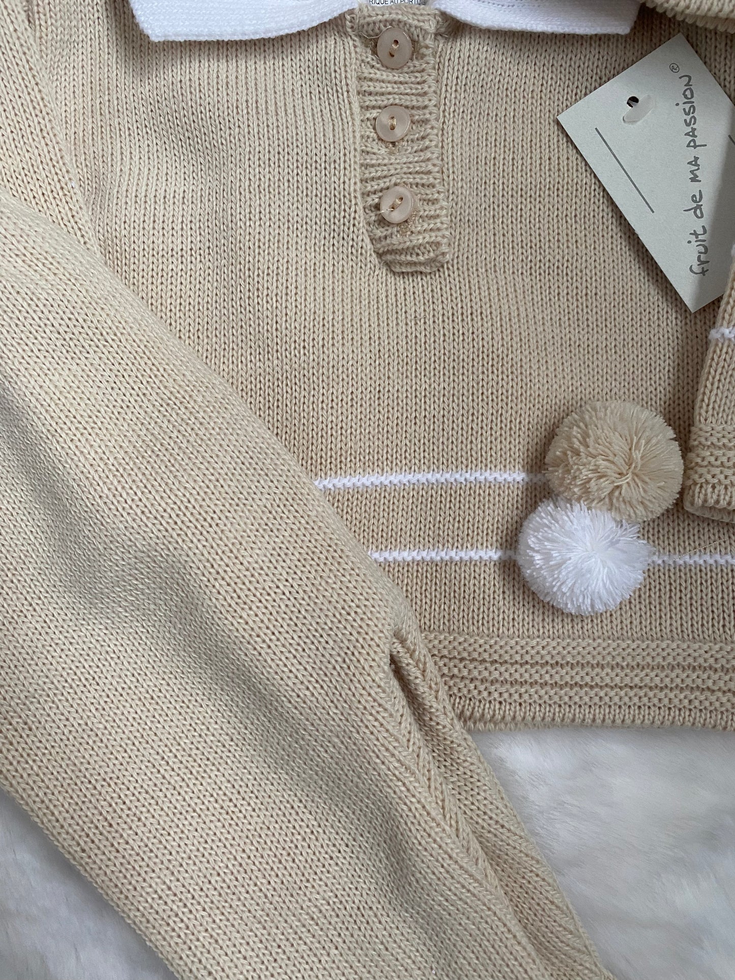 Beige Knitted 3 Piece Bonnet Set