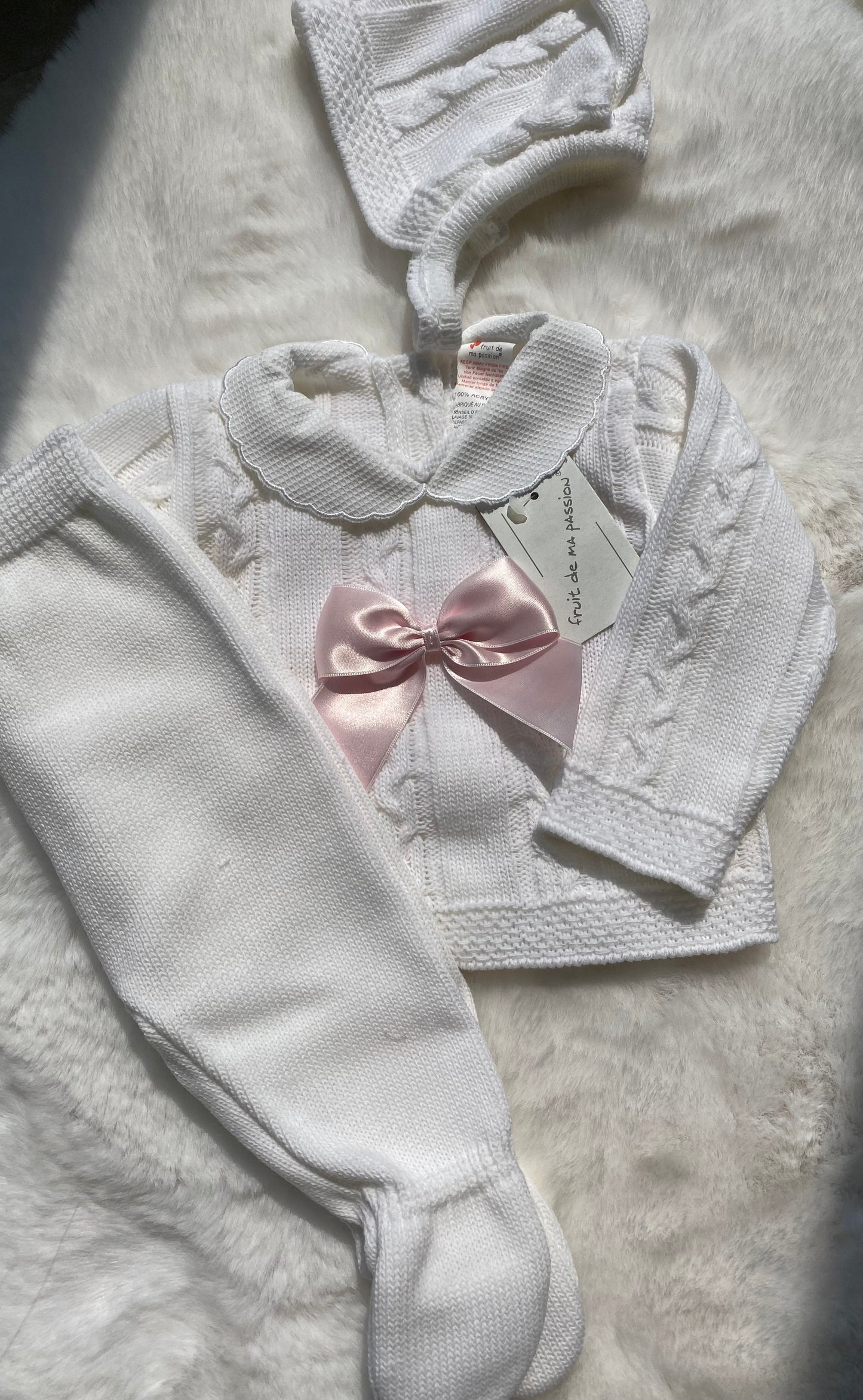 White Knitted 3 Piece Bonnet Set