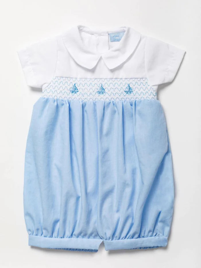 Blue & White Smocked Sailboat Romper