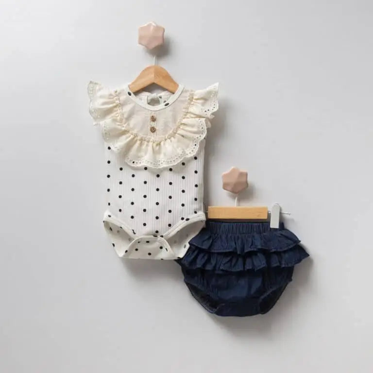 Baby Girls Two Piece Frilly Spanish Polka Dot Romper & Denim Panties Sets