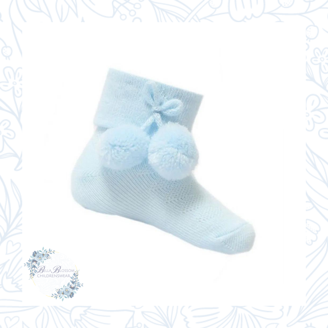 Baby Blue Ankle Socks - Toddler Blue Pom Pom