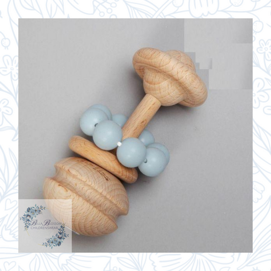 Wood & Silicone Rattle Teething Toy Blue