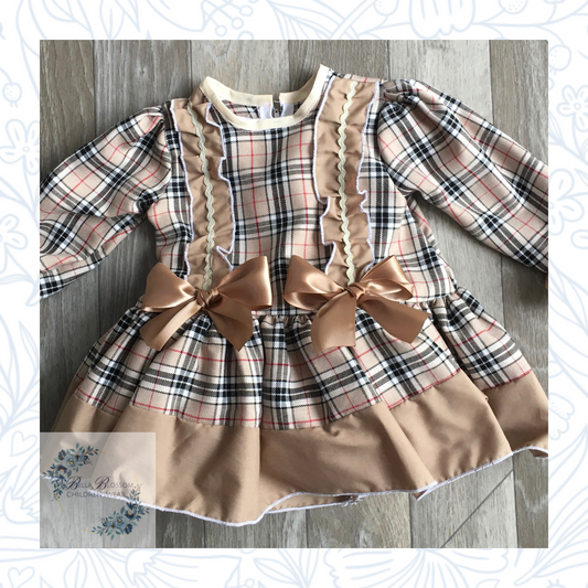 Beige Checked Frill Dress