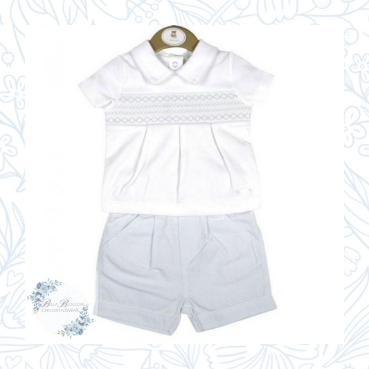 Mintini White/Blue Smocked Shirt and Shorts Set