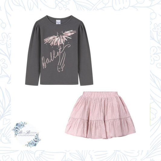 Girls Grey Top & Pink Skirt Set