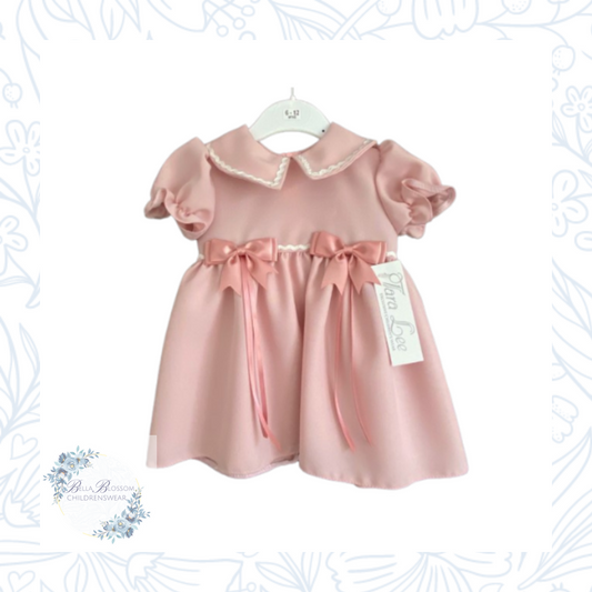 Pink Double Bow Dress With Collar And Frill Sleeve