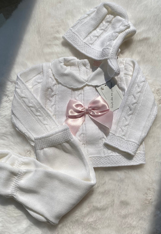 White Knitted 3 Piece Bonnet Set