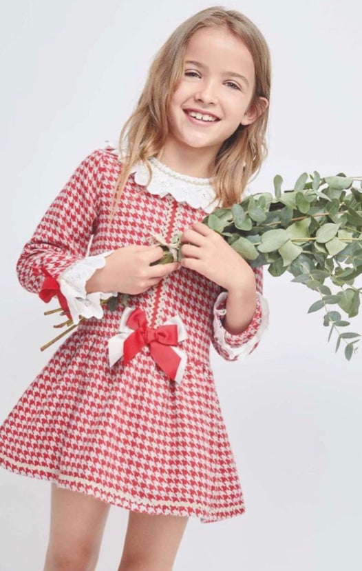 Girls Red & Grey Dogtooth Pattern Dress