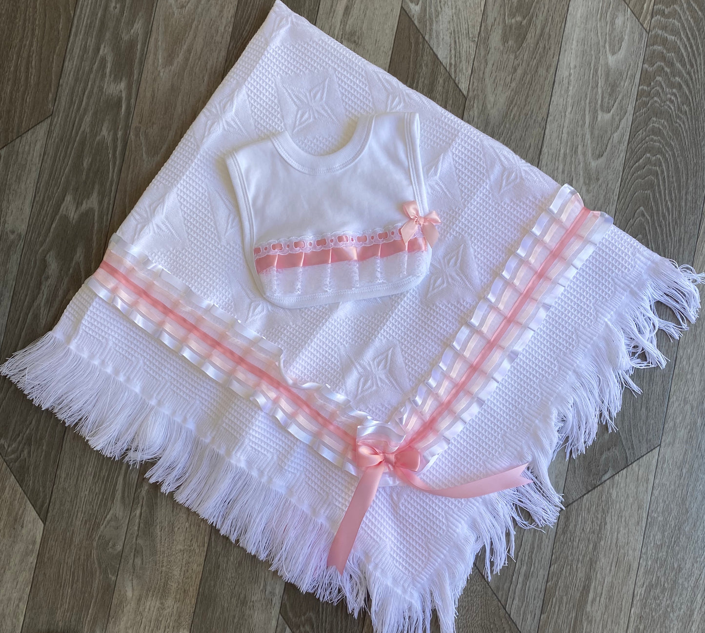 Baby Girls Pink Ribbon Detail Bib and blanket set