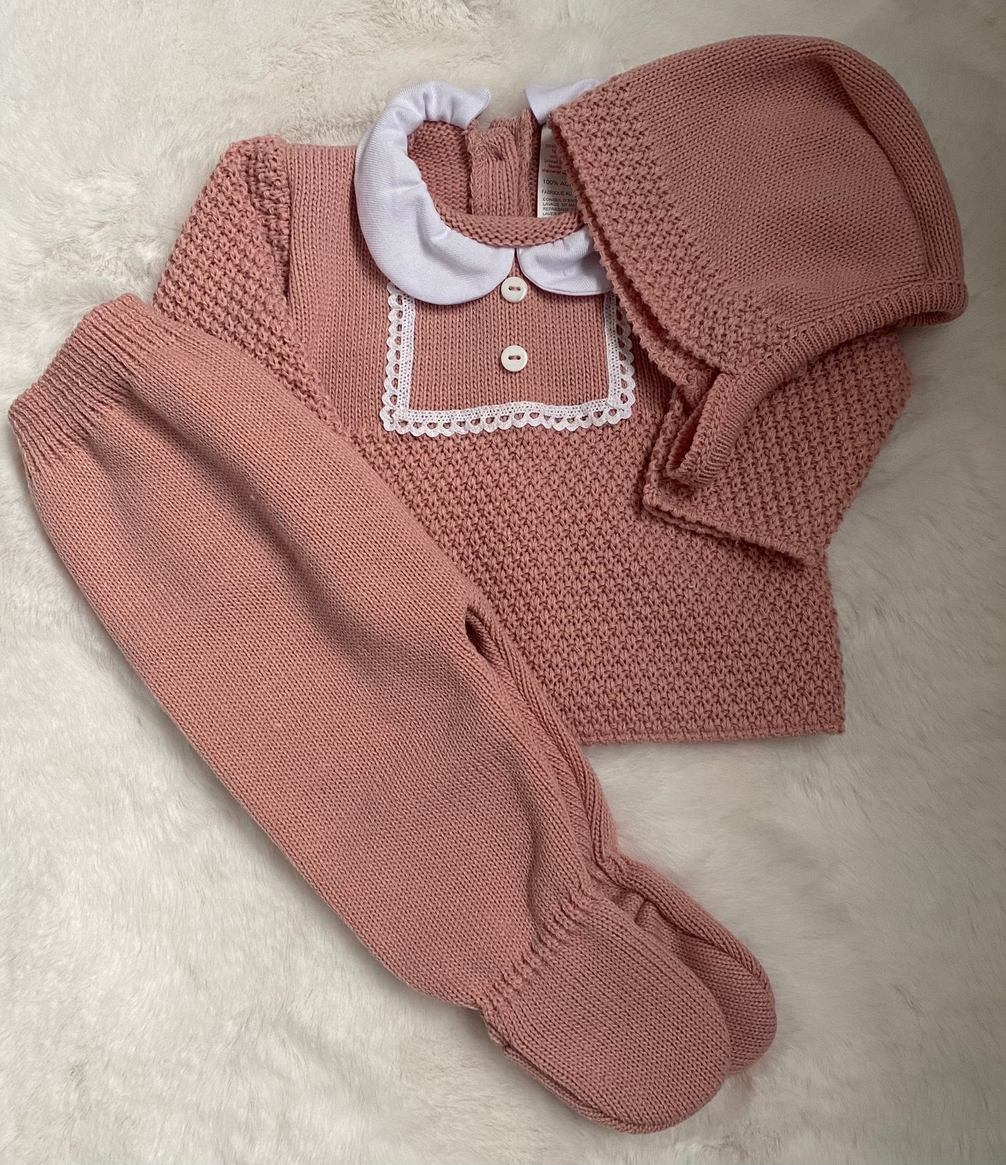 Pink Knitted 3 Piece Bonnet Set