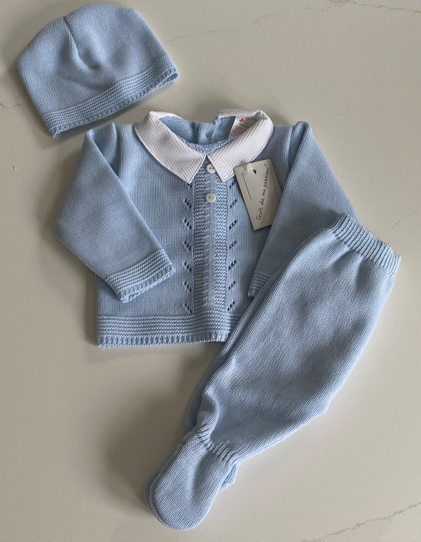Baby Blue Knitted 3 Piece Bonnet Set